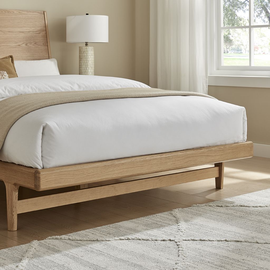 Wooden bed with white bedding in a bedroom setting