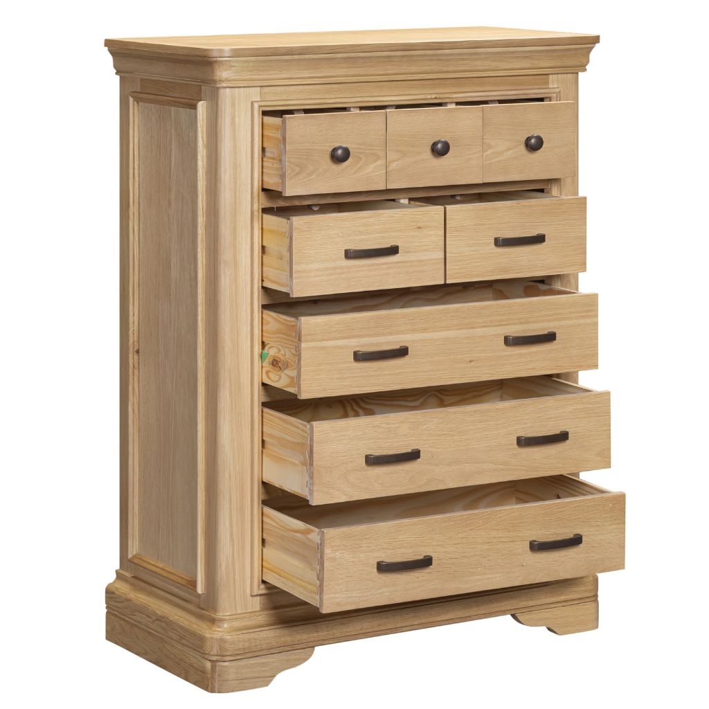 Wooden dresser with multiple drawers on a white background
