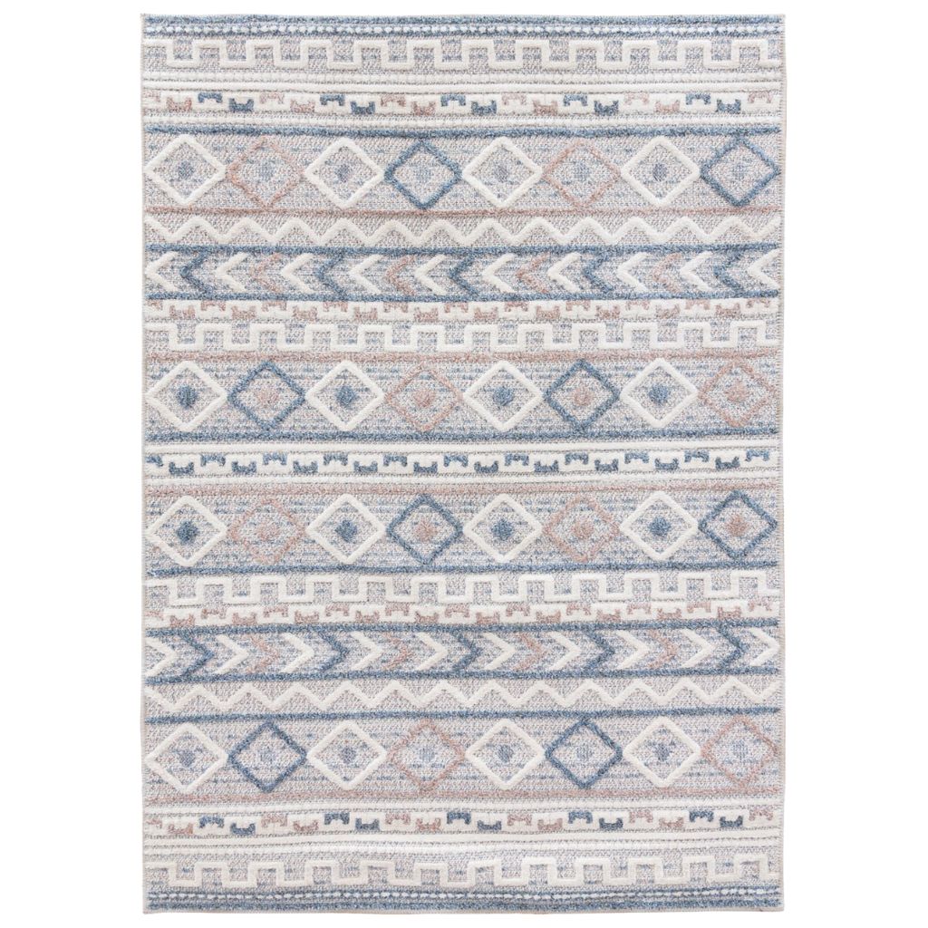 Patterned rug with geometric design on a white background