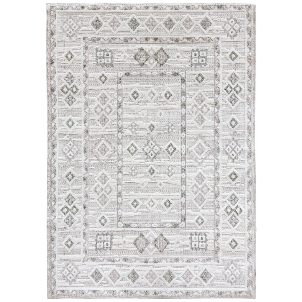 Patterned rug with geometric design on a white background