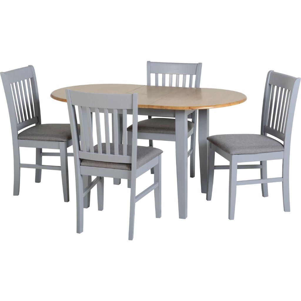 A grey wooden extendable dining set with 4 matching chairs 