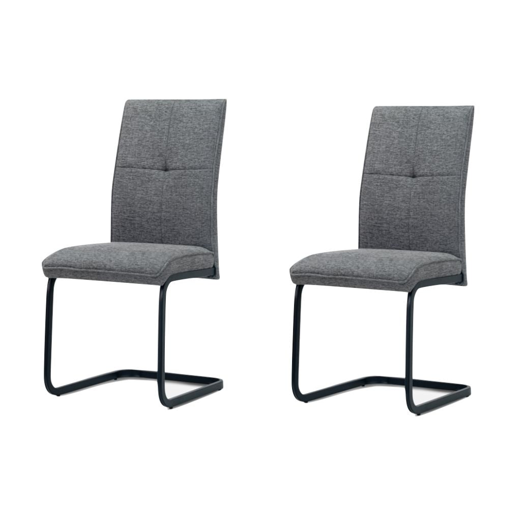 Two gray upholstered chairs with black metal frames on a white background