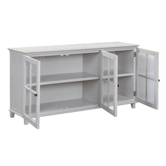 beige 3 door sideboard with glass doors and shelves inside