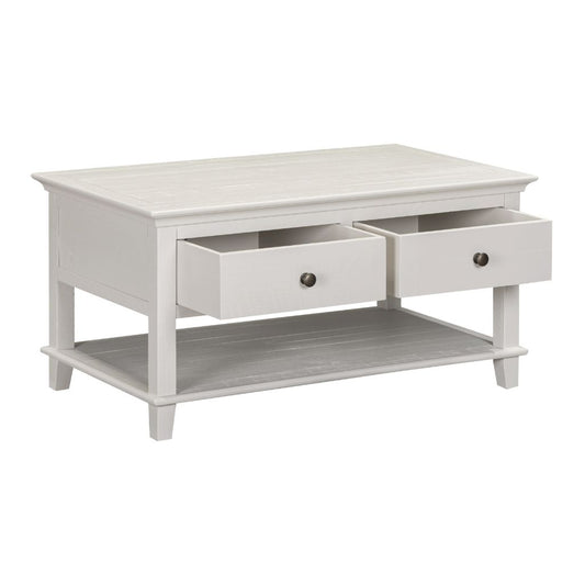 Beige coffee table with two drawers on a white background