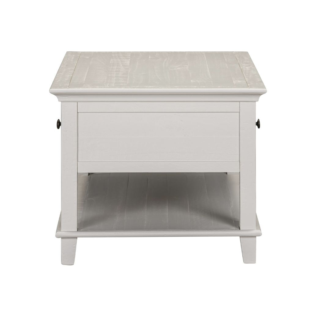 Beige coffee table with a textured top on a white background