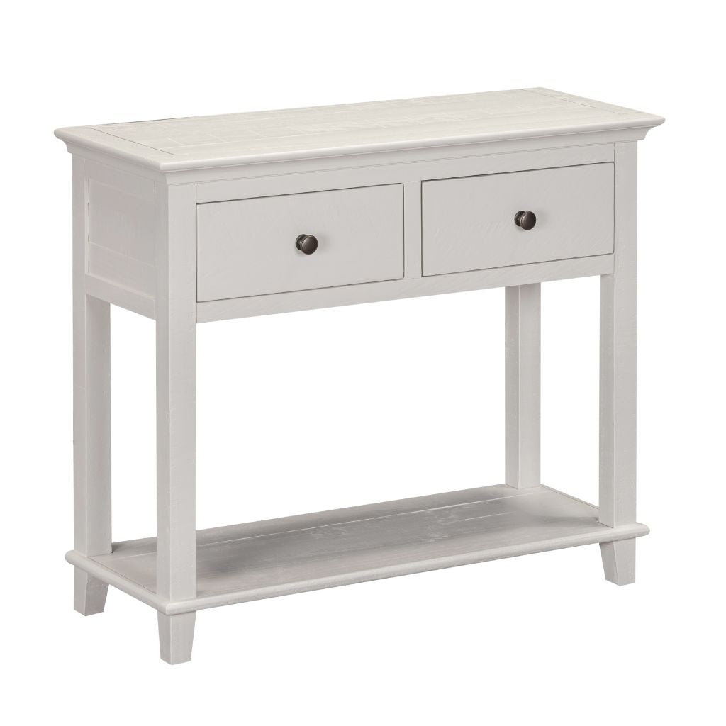 Beige console table with two drawers on a white background
