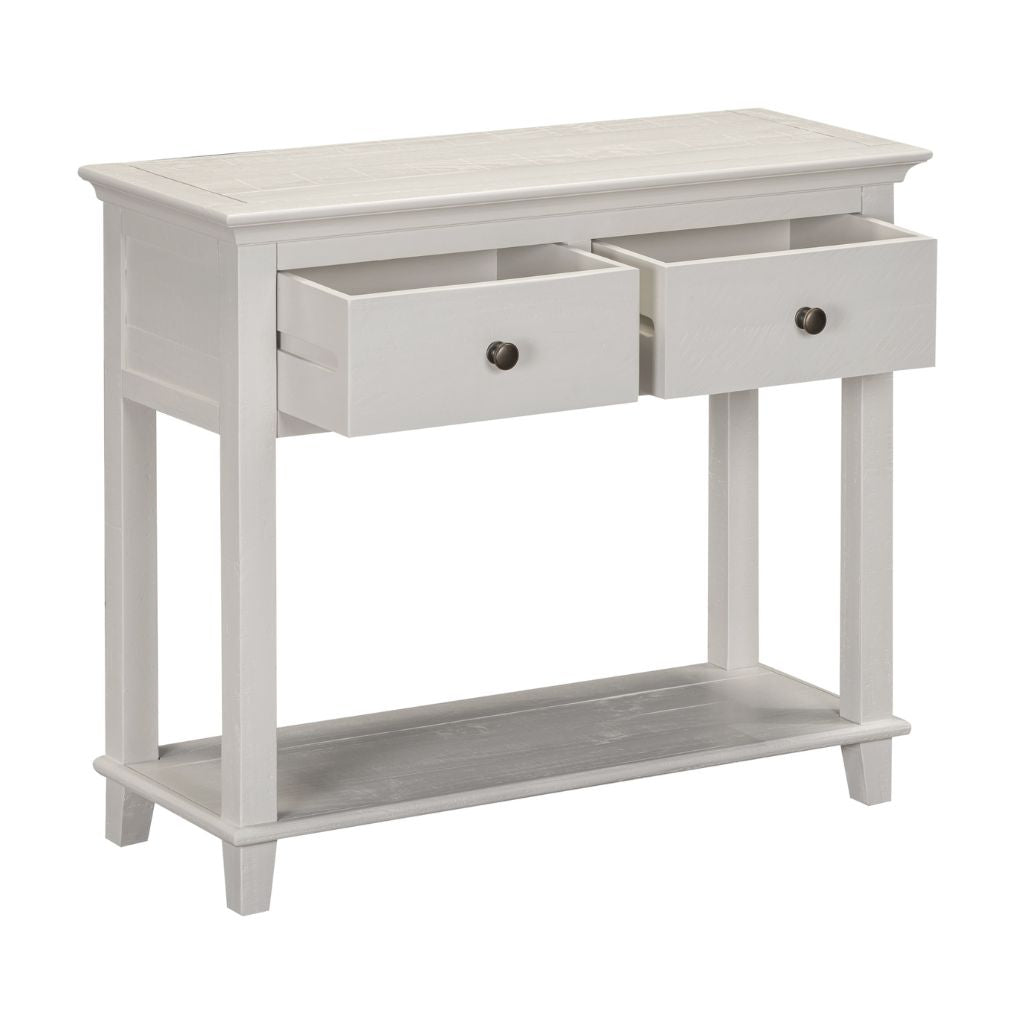 Beige console table with two drawers and an open shelf on a white background