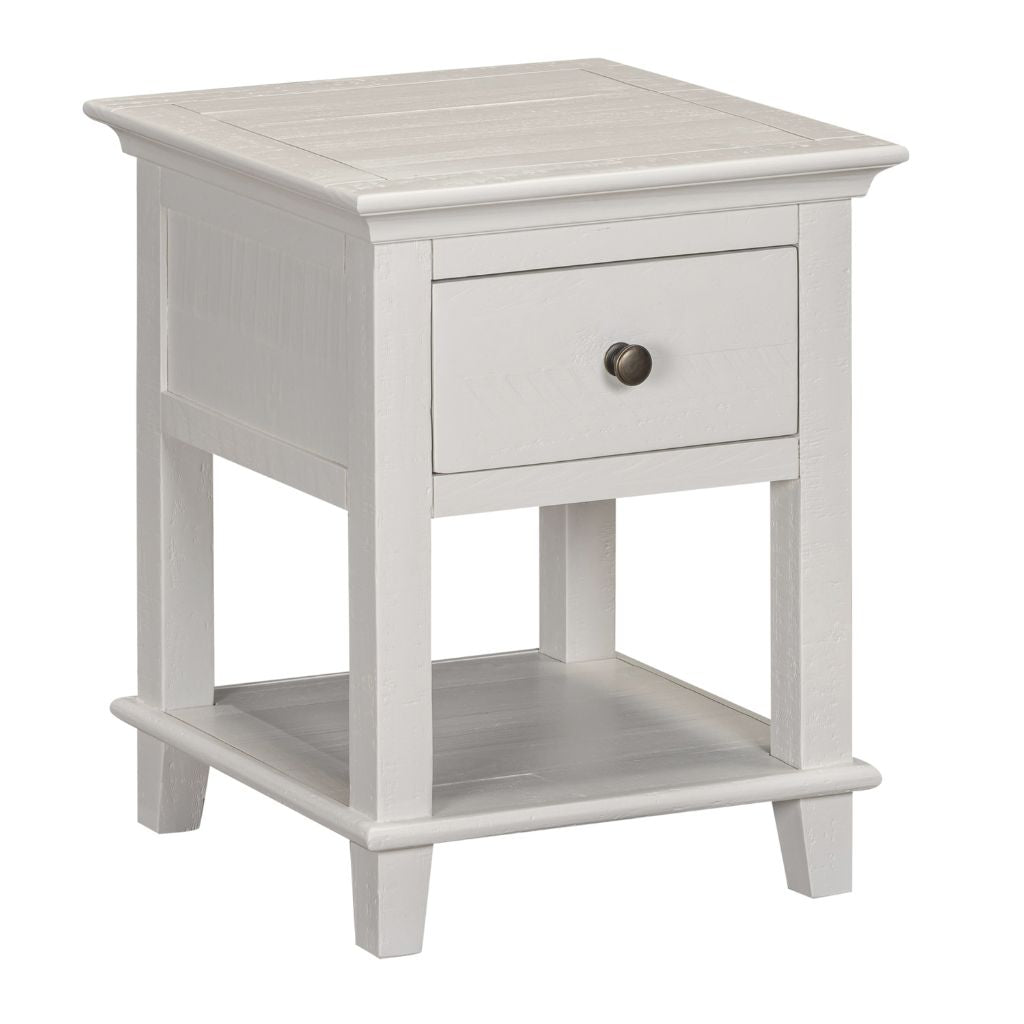 Beige end table with a drawer on a white background