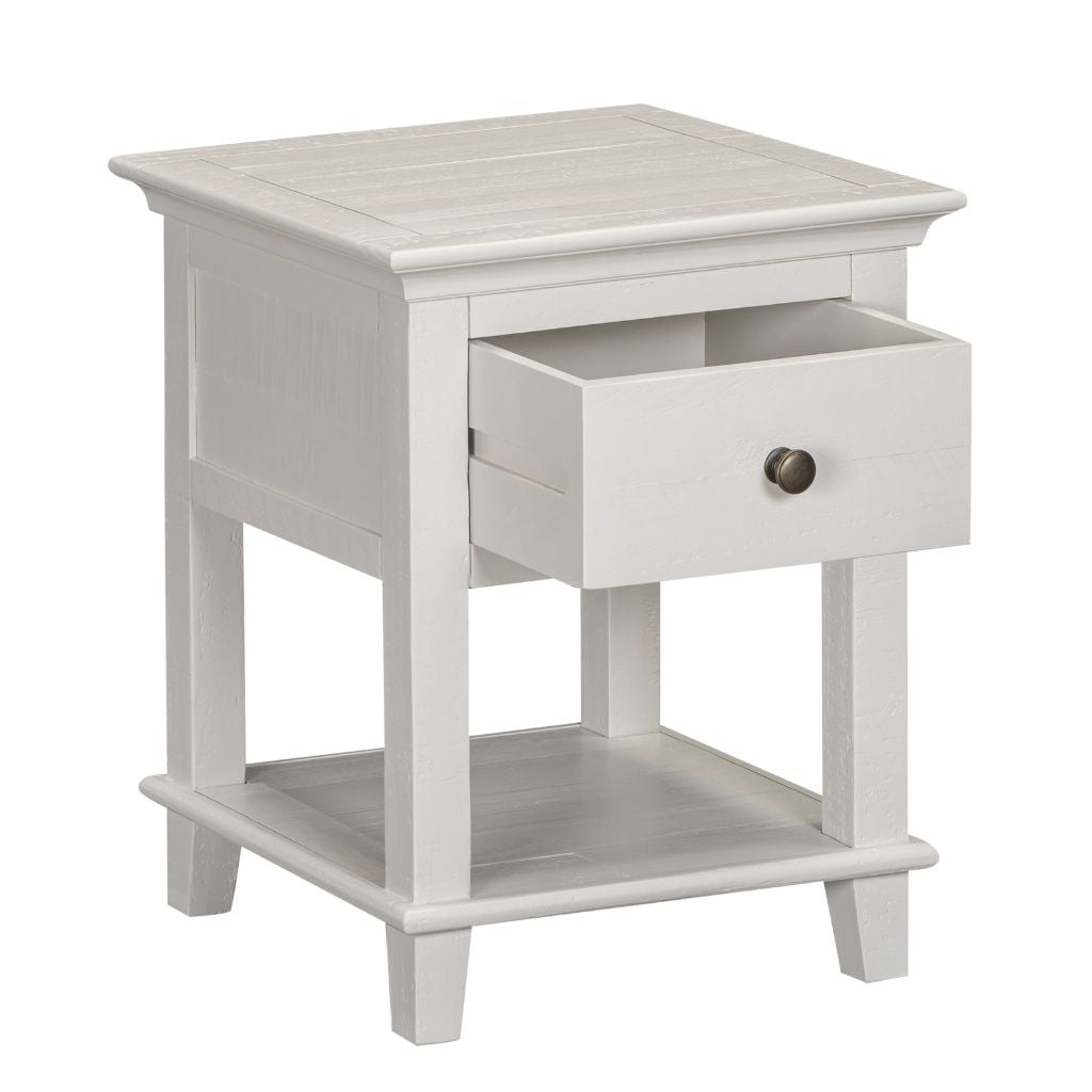 Beige side table with a drawer on a white background