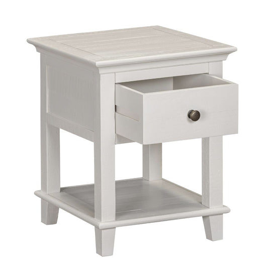 Beige side table with a drawer on a white background