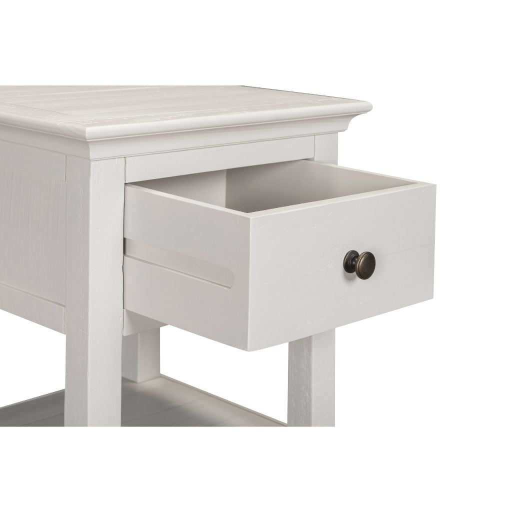 Beige wooden side table with a drawer on a white background