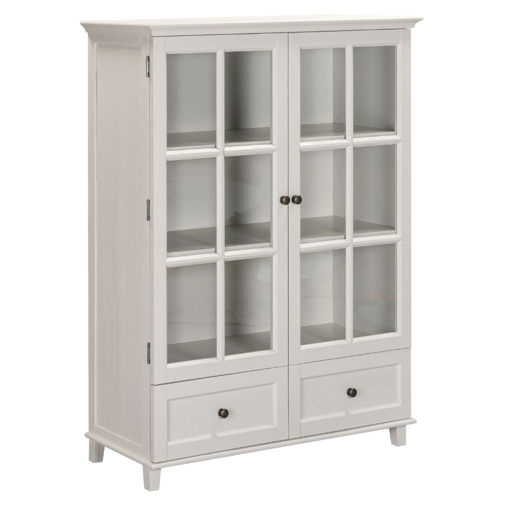 Beige cabinet with glass doors and drawers on a white background