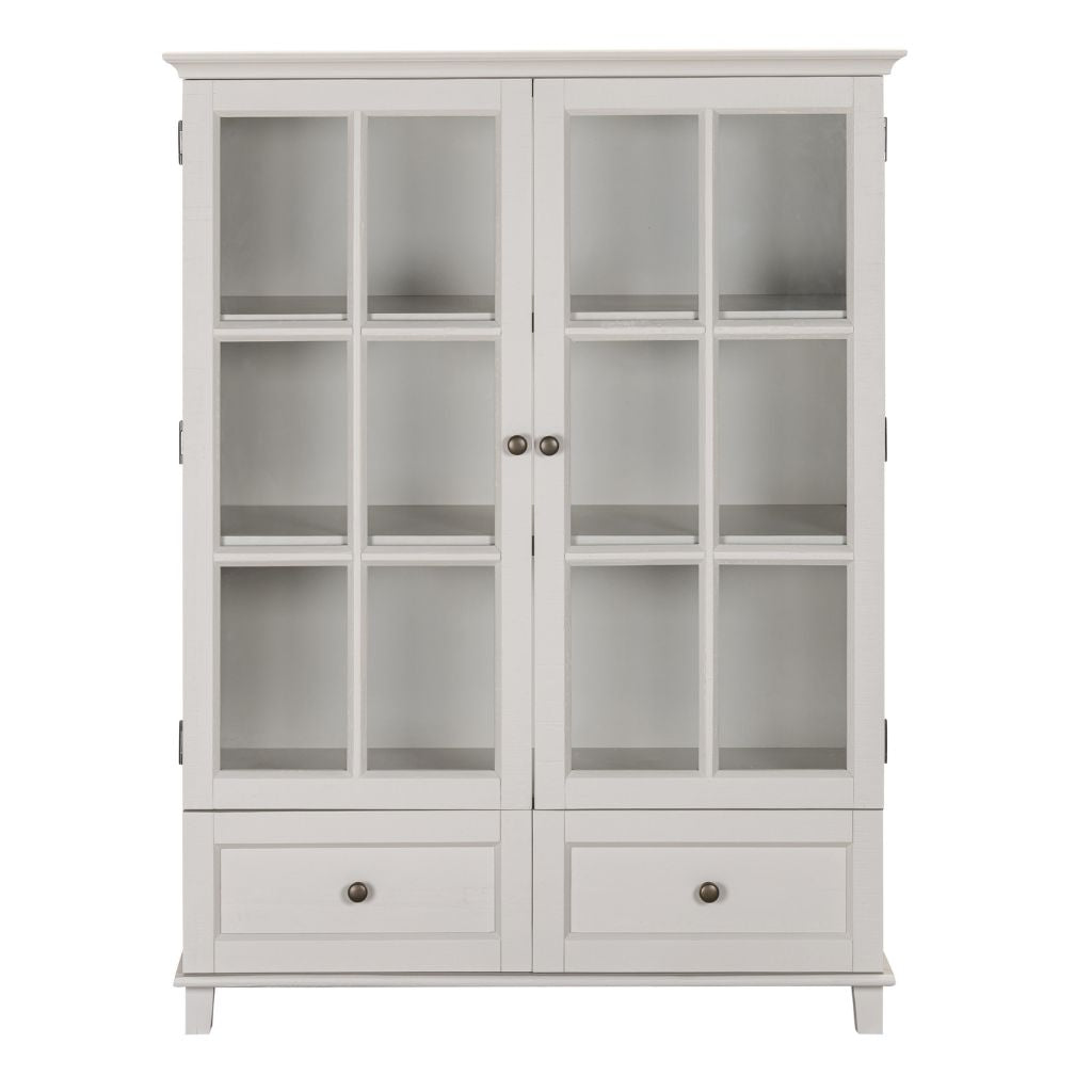 Beige cabinet with glass doors and drawers on a white background