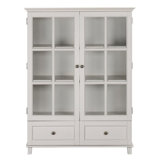 Beige cabinet with glass doors and drawers on a white background