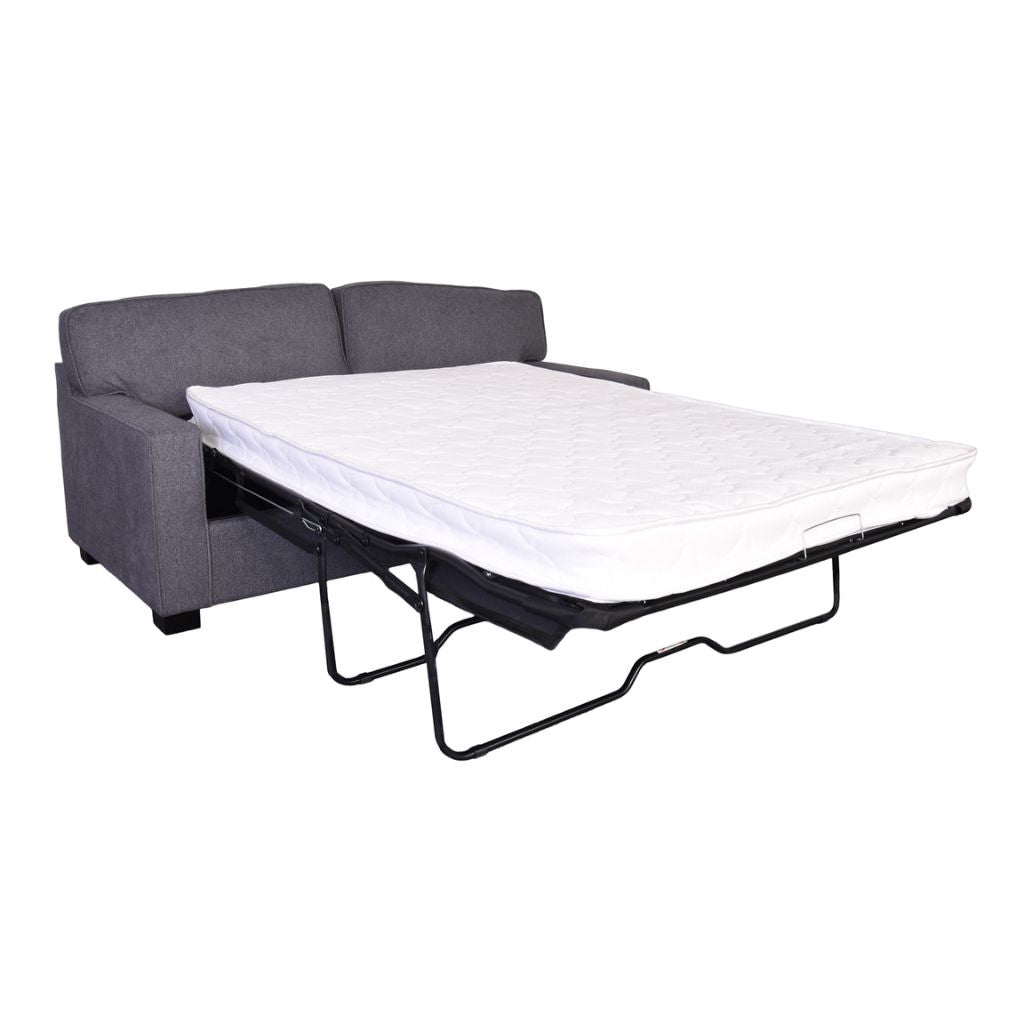 A dark graphite fabric sleeper sofa shown with its mattress pulled out onto a black metal frame.