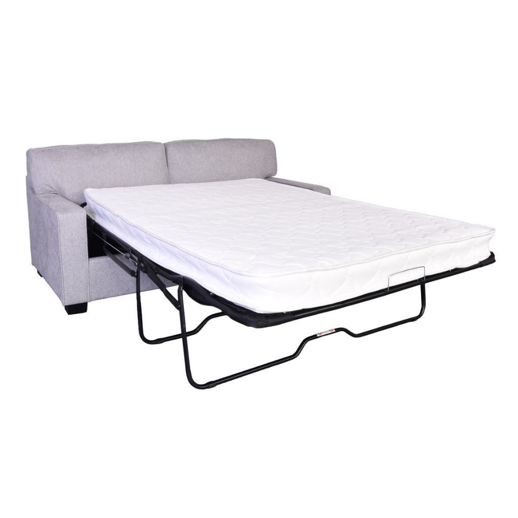 A light grey upholstered sofa bed with its mattress pulled out on a black metal frame.