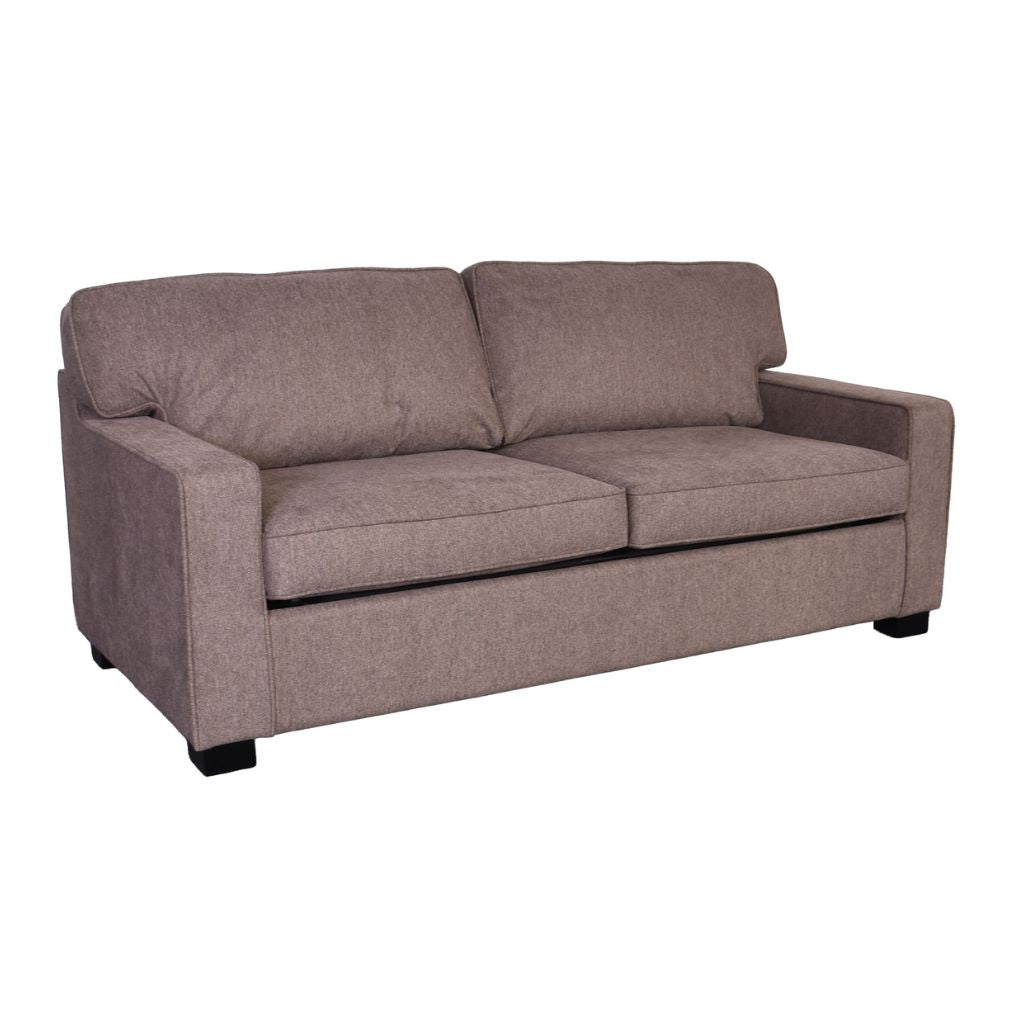A two-seater sofabed upholstered in a textured taupe fabric, featuring a low profile, square arms, and dark block feet.