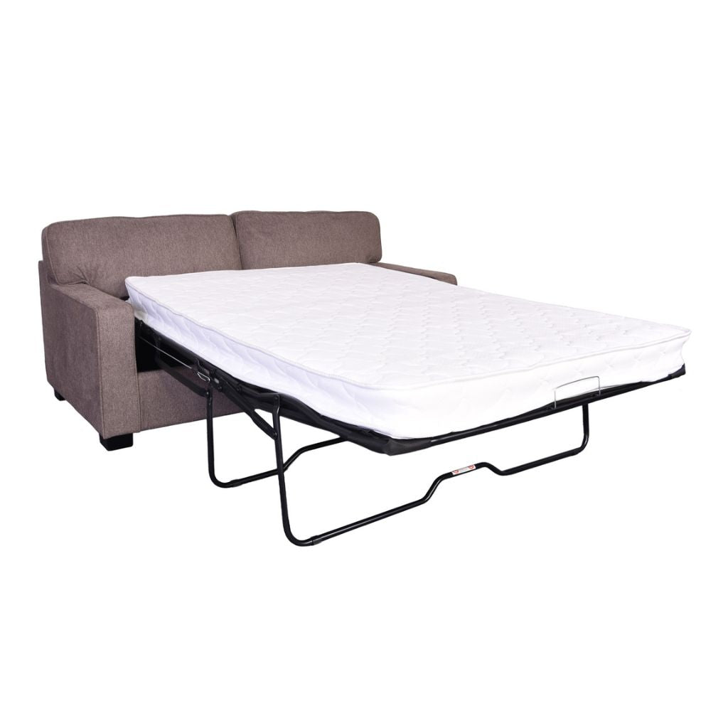 A brown upholstered sleeper sofa with its mattress pulled out onto a black metal frame.