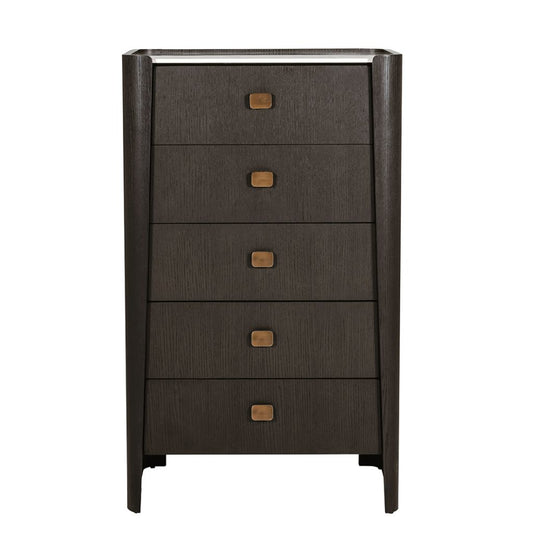 Dark brown dresser with five drawers and metal knobs on a white background