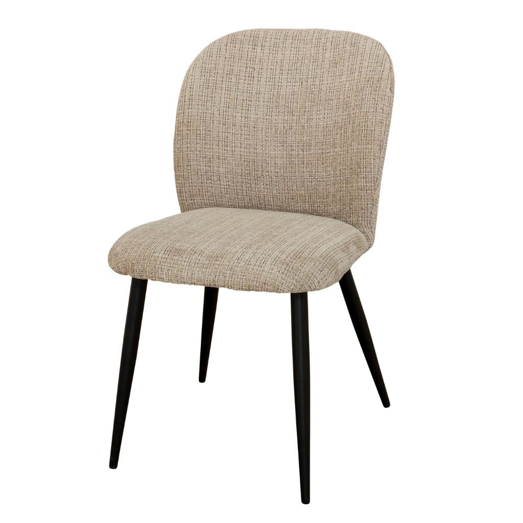 Beige upholstered chair with black legs on a white background