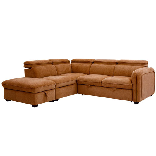 An upholstered sofa bed with a chaise ottoman and adjustable headrests