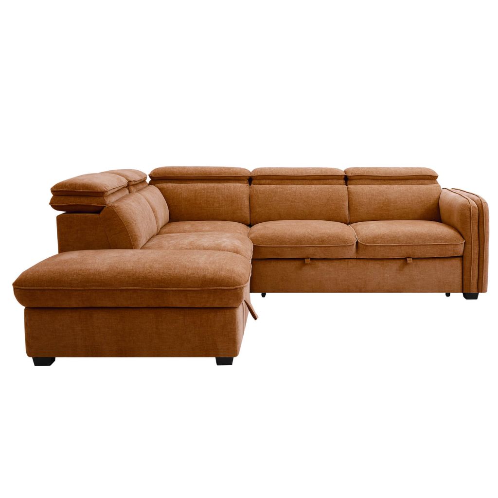 The gorgeous roscoe sofa bed in rust with click-clack headrests.