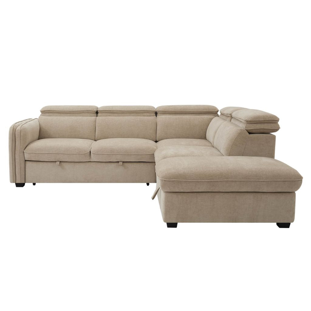 A beautifully crafted corner sofa bed with storage chaise as well in shade oatmeal. 