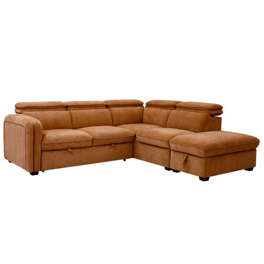 A striking corner sofa bed in a rust shade with storage chaise.