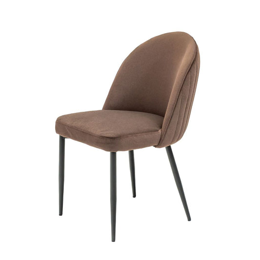 A modern dining chair with a brown upholstered seat and curved backrest, with  slim black metal legs.