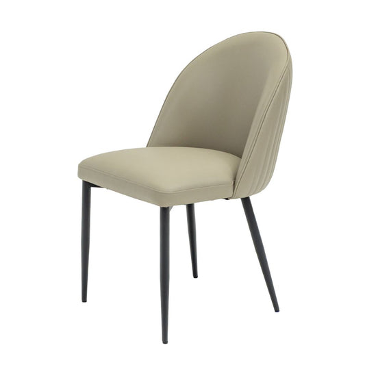 A modern dining chair with a curved, upholstered backrest and seat in a Stone PU fabric, supported by four slim black metal legs.