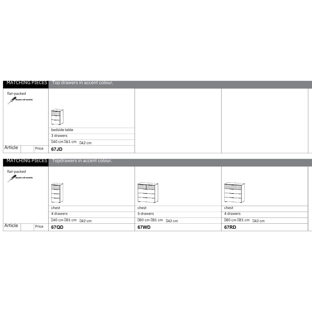 Product catalog page with furniture items and their details on a white background