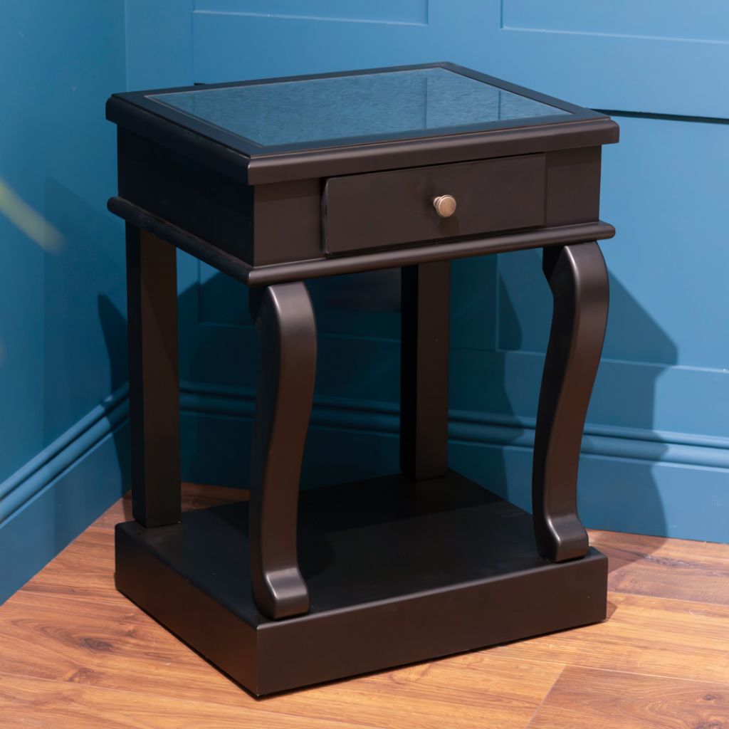 Scroll Black 1-Drawer Mirrored Top End Table