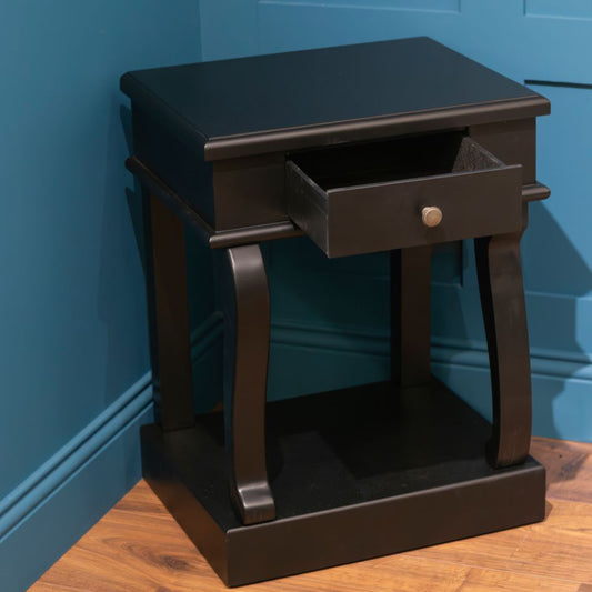 Scroll Black 1-Drawer End Table Open