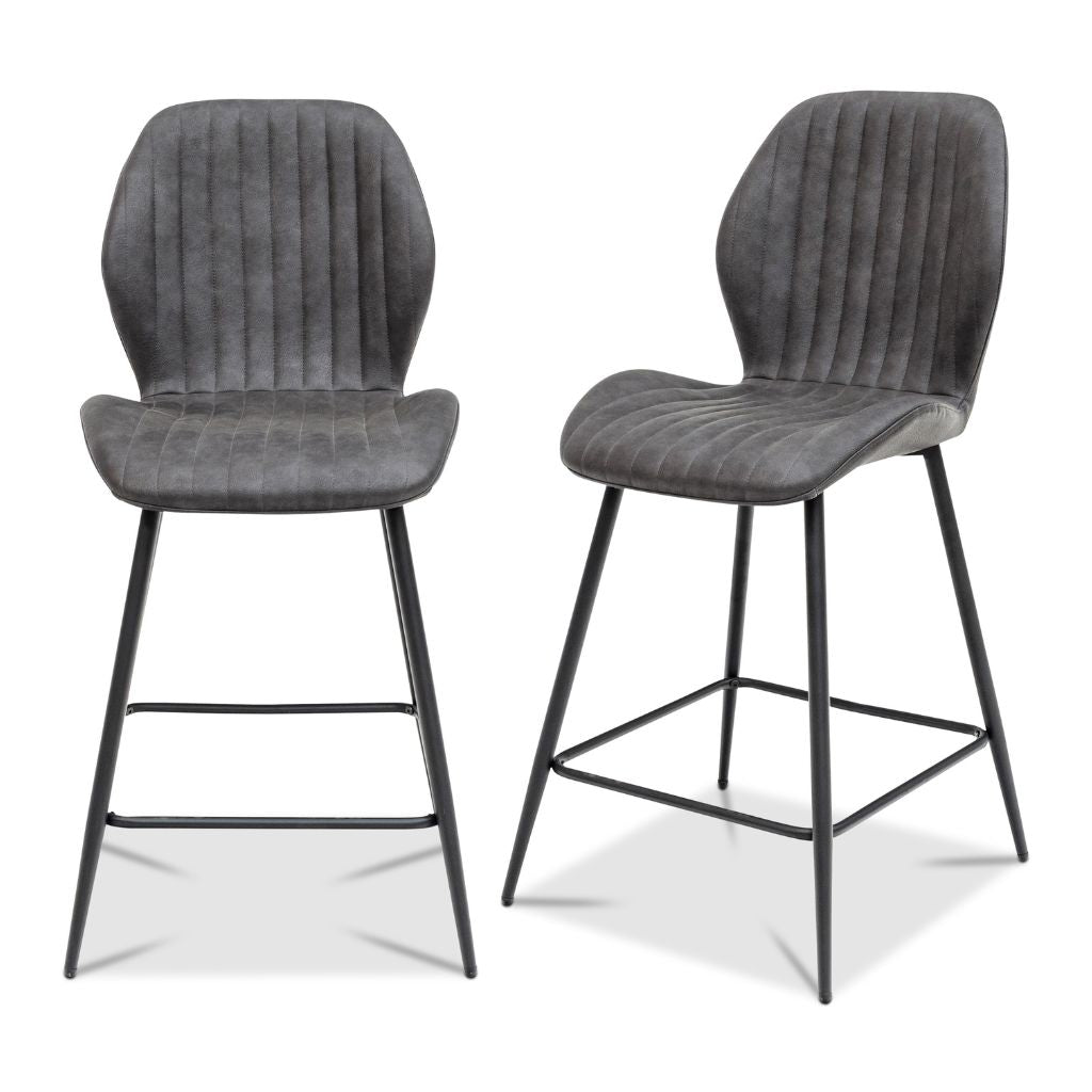 Two gray bar stools with black metal legs on a white background