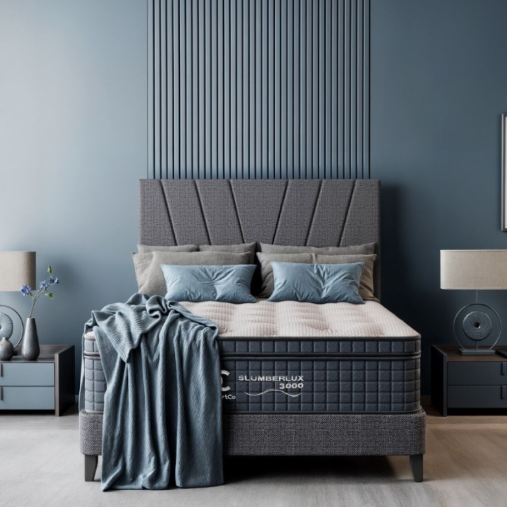 Gray upholstered bed with 'Slumberlux' mattress in a modern bedroom setting.