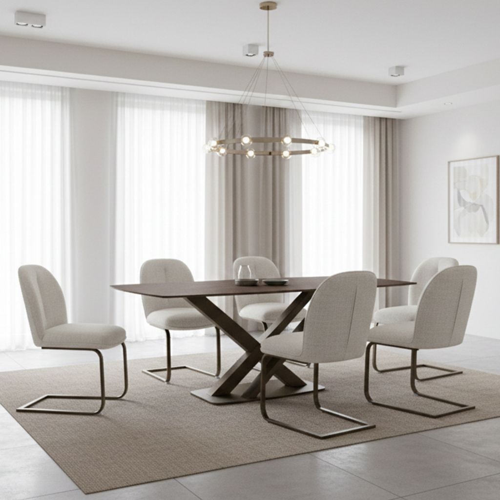 Modern dining room with a table and chairs in a bright, minimalistic setting.