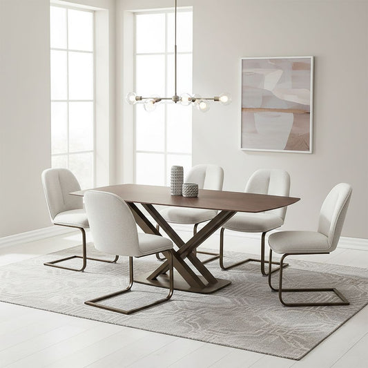 Dining room with a wooden table and white chairs in a bright room.