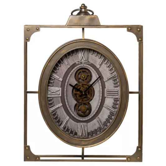 Decorative wall clock with brass frame and detailed face on a white background