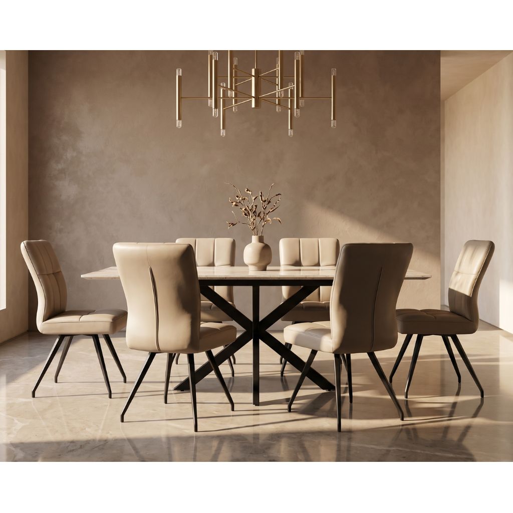 Gorgeous dining set with taupe sinter stone top and taupe PU seats
