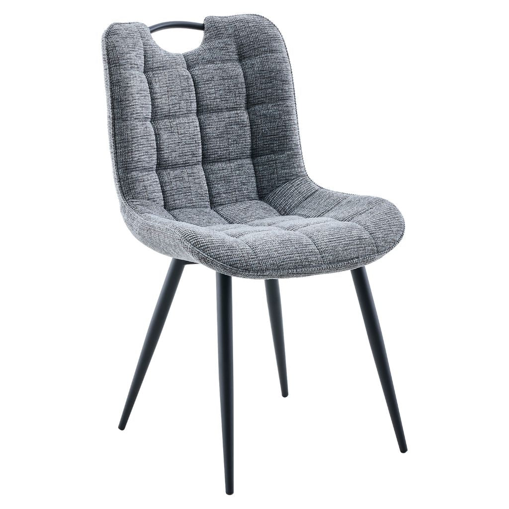 Gray upholstered chair with black legs on a white background