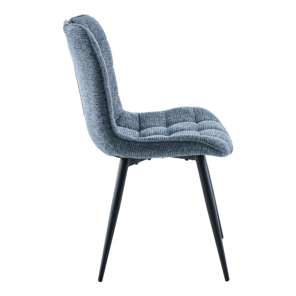 Blue upholstered chair with black legs on a white background