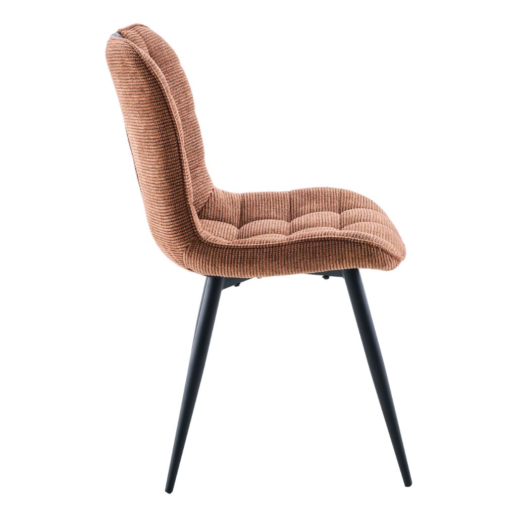 Rust cushioned chair with black legs on a white background
