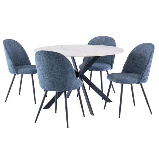 Taranto 1.2m Round White Dining Table + 4 Ranzo Blue Chairs