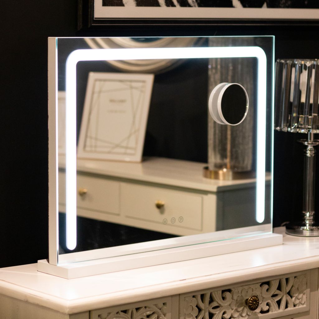 Hollywood White Vanity Mirror 48 x 56cm by Tara Lane Lit up