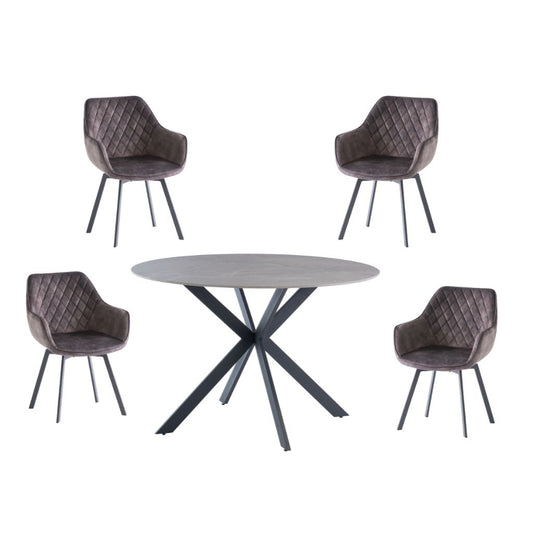 Taranto 1.2m Grey Round Dining Table + 4 Graphite Villa