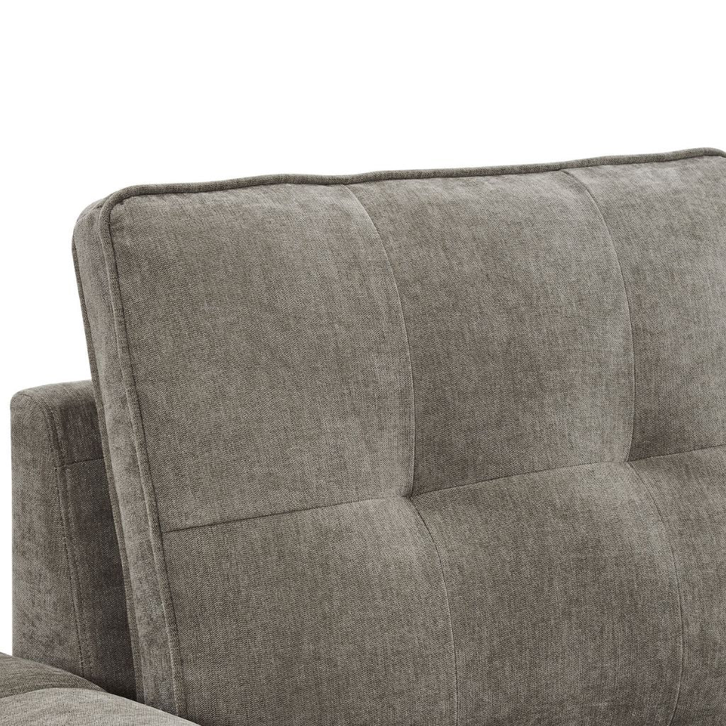 close up showcasing the stunning detail of the pipped edges and double pin tuck back cushions in the beautiful grey shade.