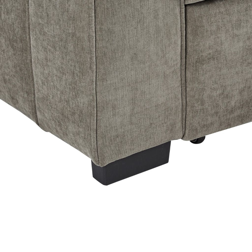 close up showing the beautiful detail on the arms of the toby with lovely stitching and sleek and durable plastic feet in black.