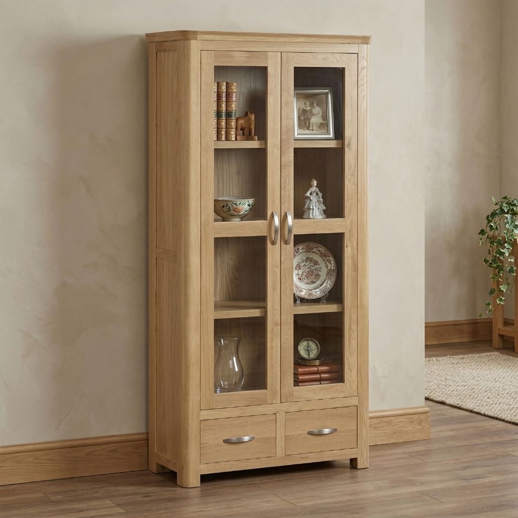 A tall light oak wood display cabinet with two glass doors and two drawers.