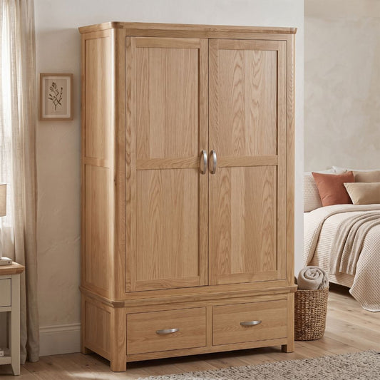 A stylish oak wardrobe with 2 doors and 2 drawers.