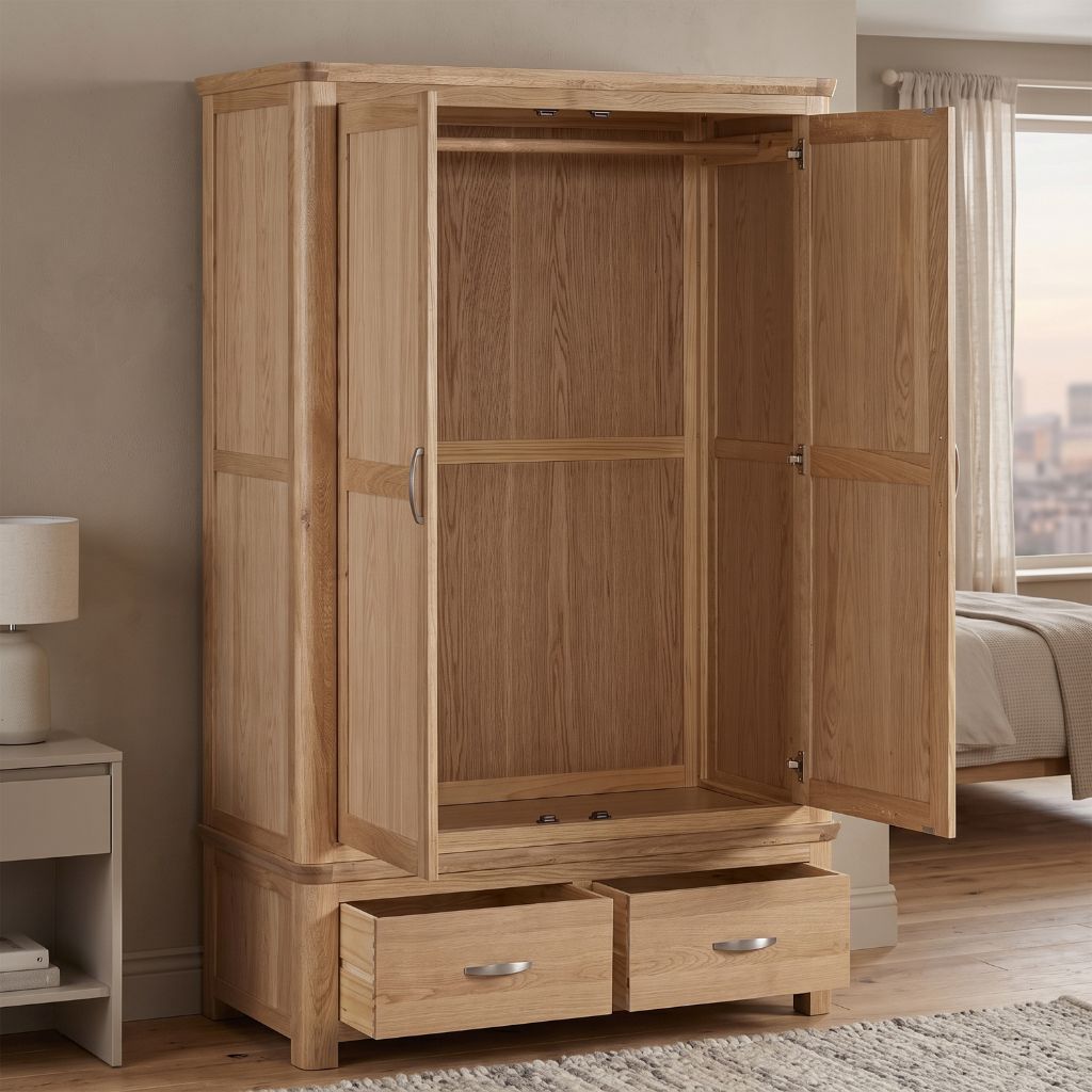 A oak wardrobe with wooden rail and 2 bottom drawers for additional storage